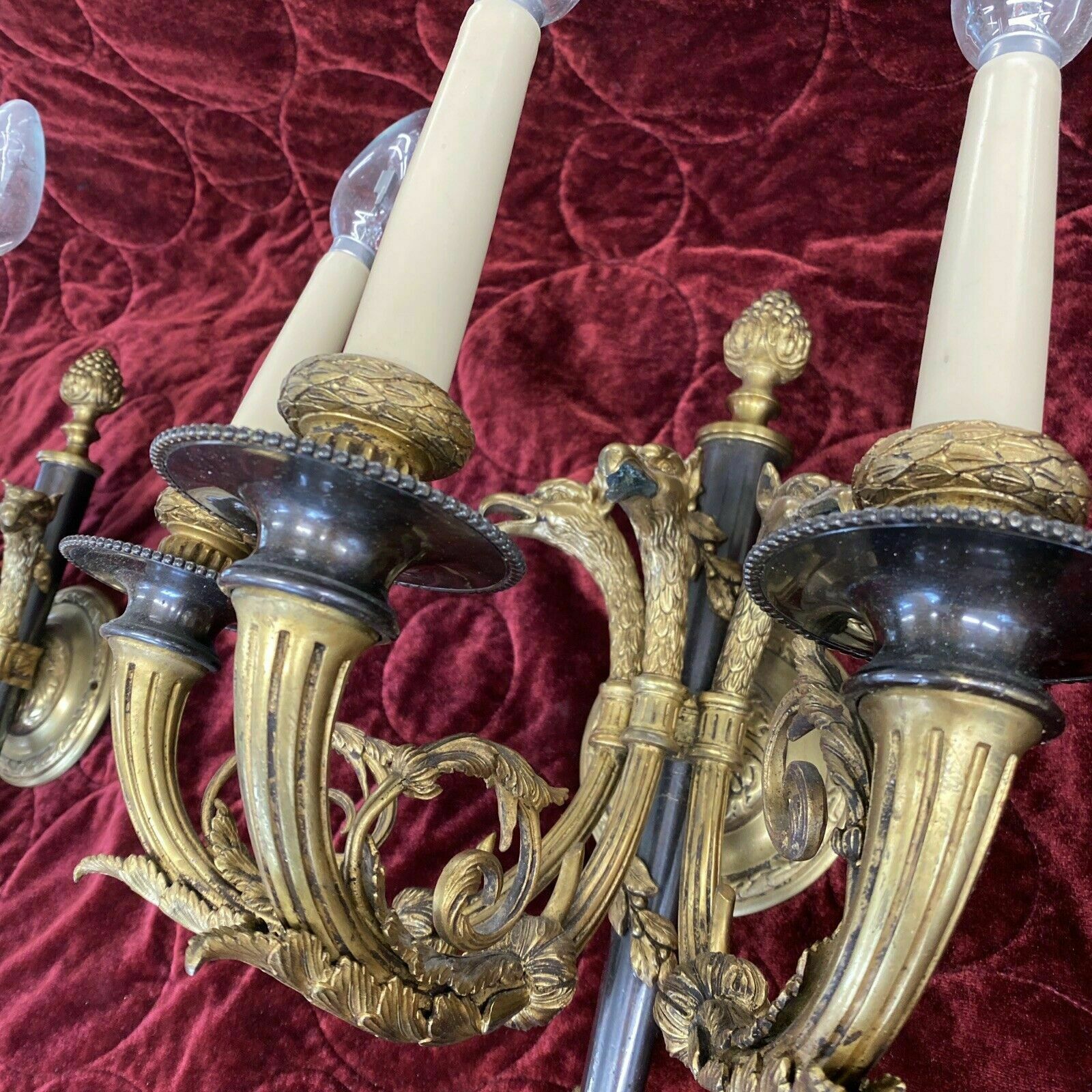 photo furniture Set 2 Pair Antique Gilt Bronze Wall Sconces Lights Louis XV 19th Century Brass