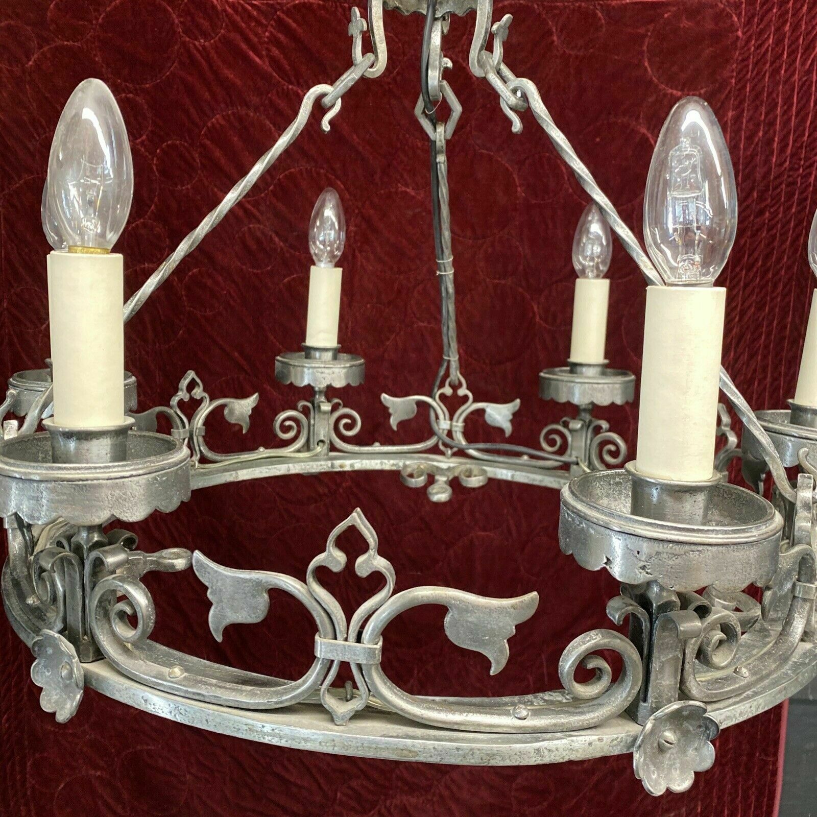 V Large Antique 19th Century Gothic Revival Wrought Iron French Chandelier Light