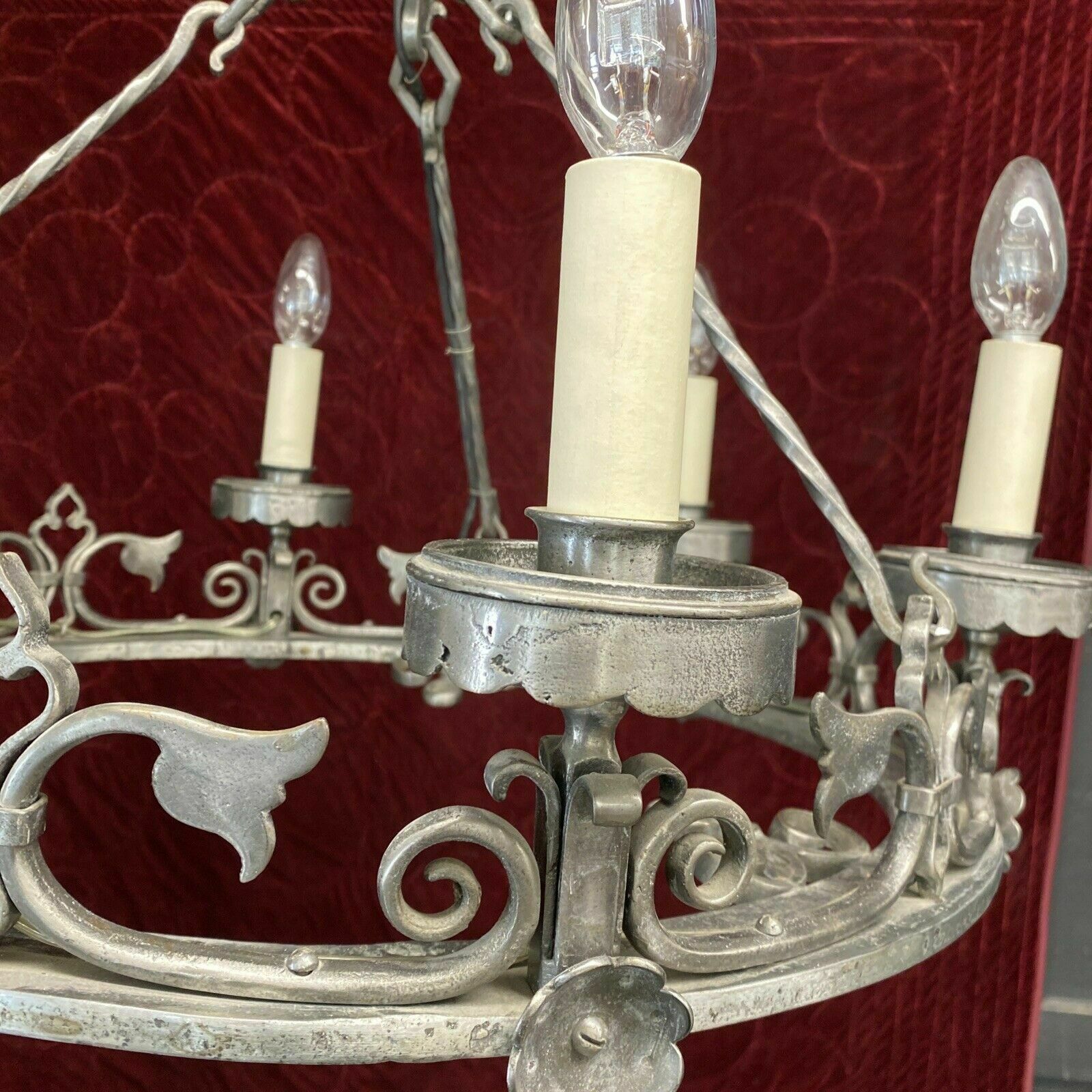 V Large Antique 19th Century Gothic Revival Wrought Iron French Chandelier Light photo vinterior
