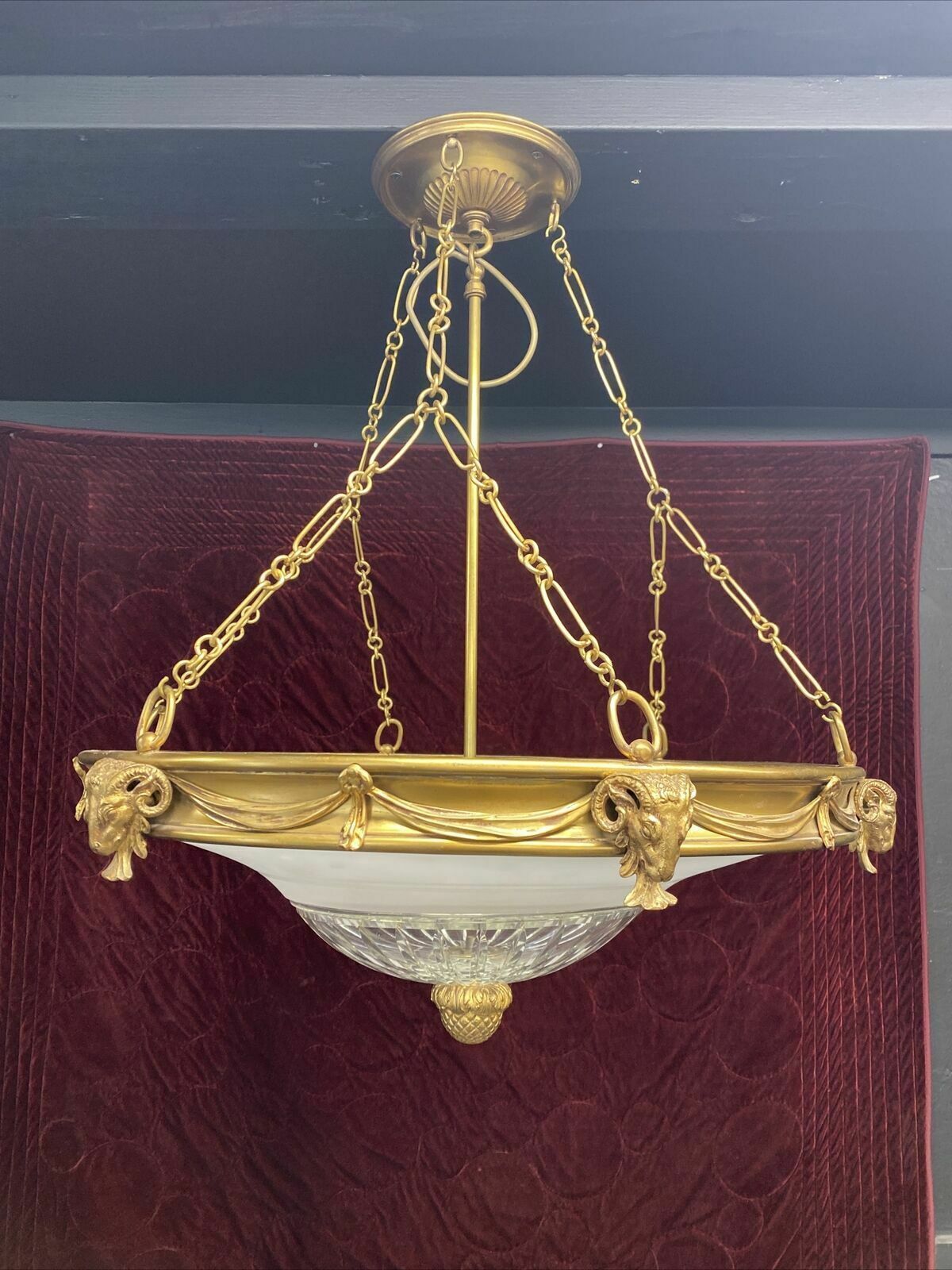 Xl Antique Gilt Brass Cut Etched Glass Ceiling Bowl Louis XV 19th Century Light photo furniture
