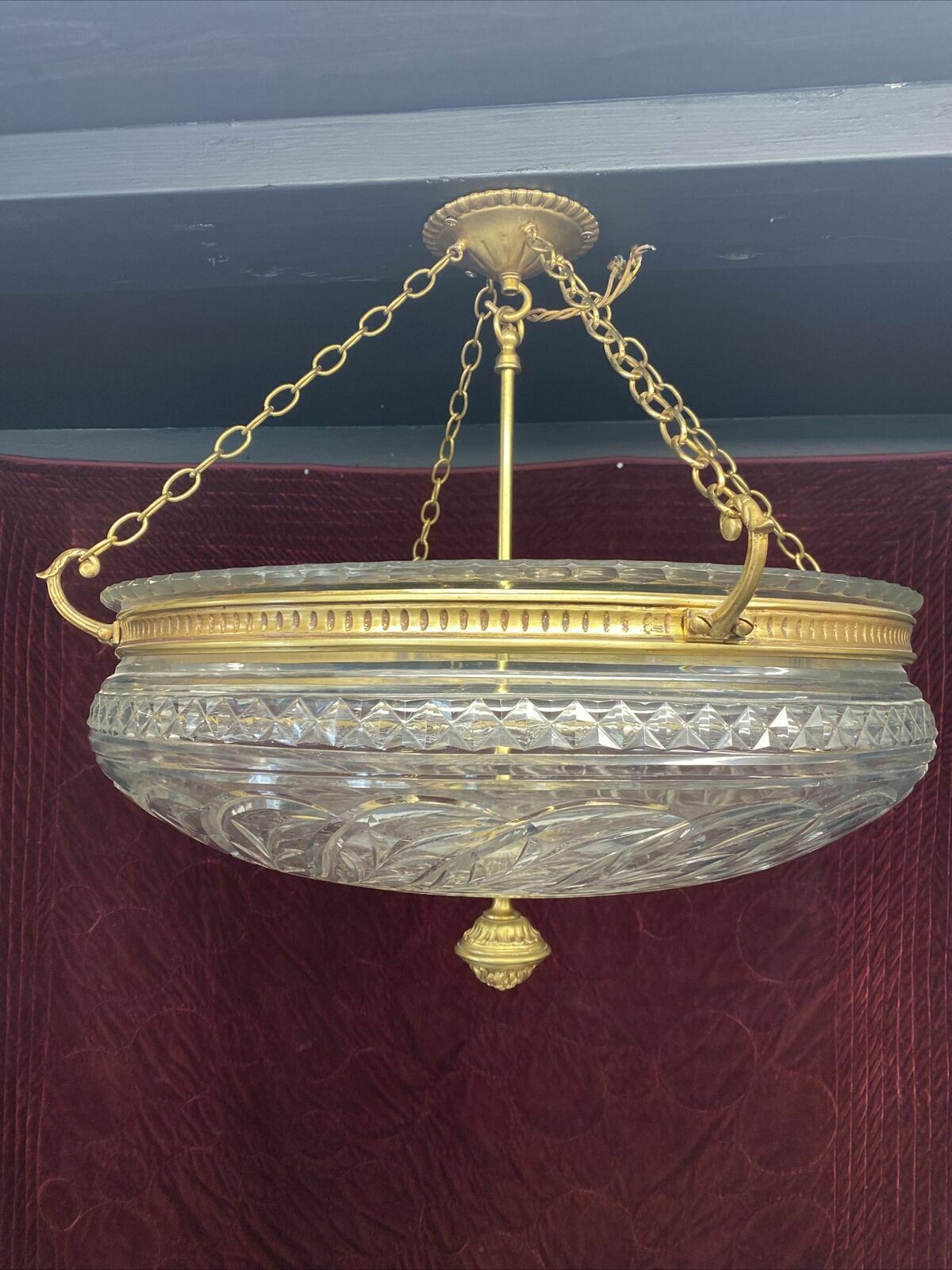 Large Antique Gilt Brass Cut Glass Ceiling Bowl Louis XV 19th Century Light Old