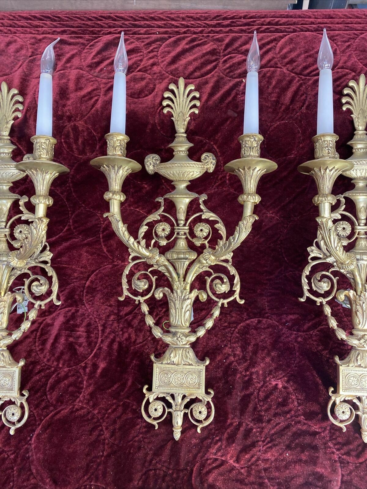 Set 3 Large Antique Gold Gilt Brass Wall Sconces Lights Louis XV 19th Century photo for sale