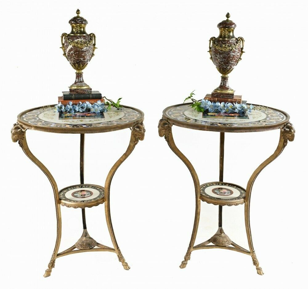 Pair French Tables   Empire Ormolu Porcelain Side Tables Rams Heads Floral