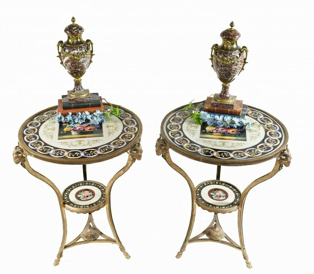 Pair French Tables   Empire Ormolu Porcelain Side Tables Rams Heads Floral photo for sale