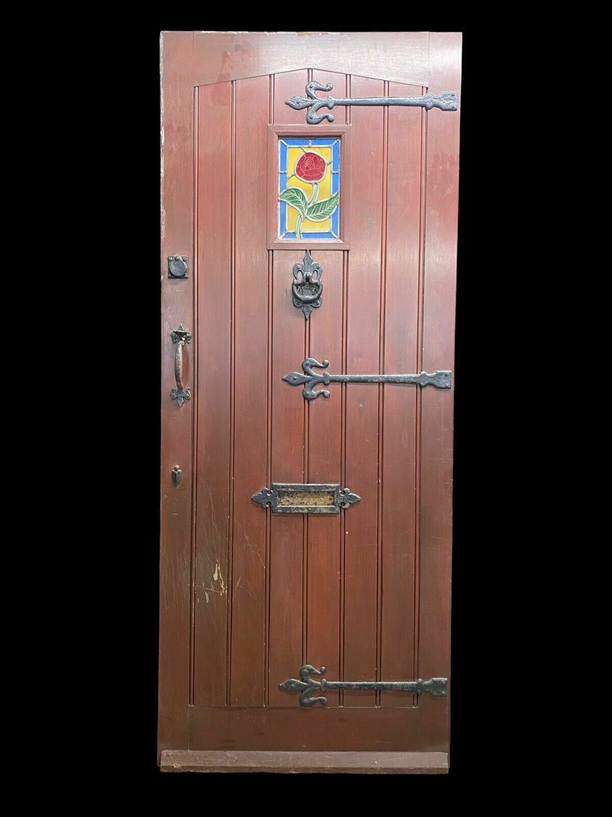 Cottage Stained Glass Front Door Antique Period Reclaimed Old Pine Wood Iron