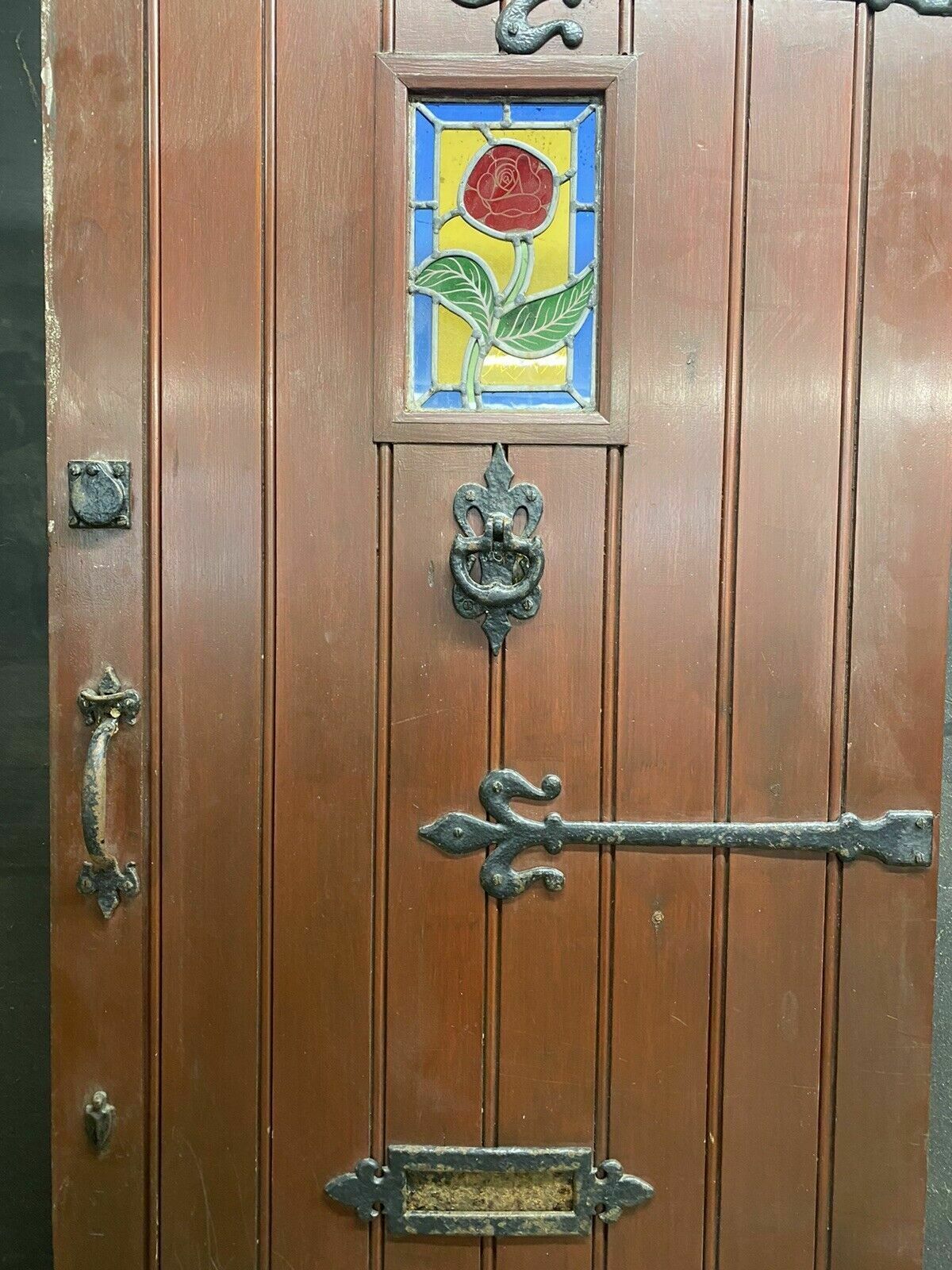 Cottage Stained Glass Front Door Antique Period Reclaimed Old Pine Wood Iron photo for sale