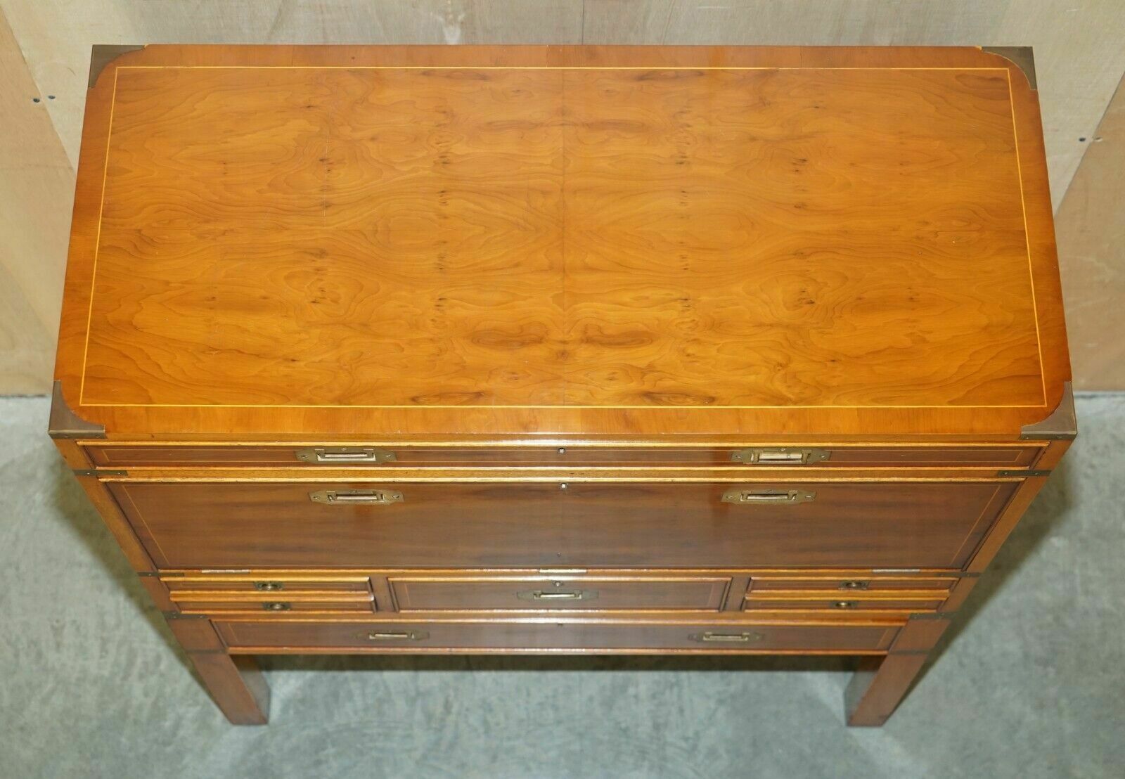 Furniture Harrods Kennedy Burr Yew Wood Green Leather Secrataire Desk Chest Of Drawers photo
