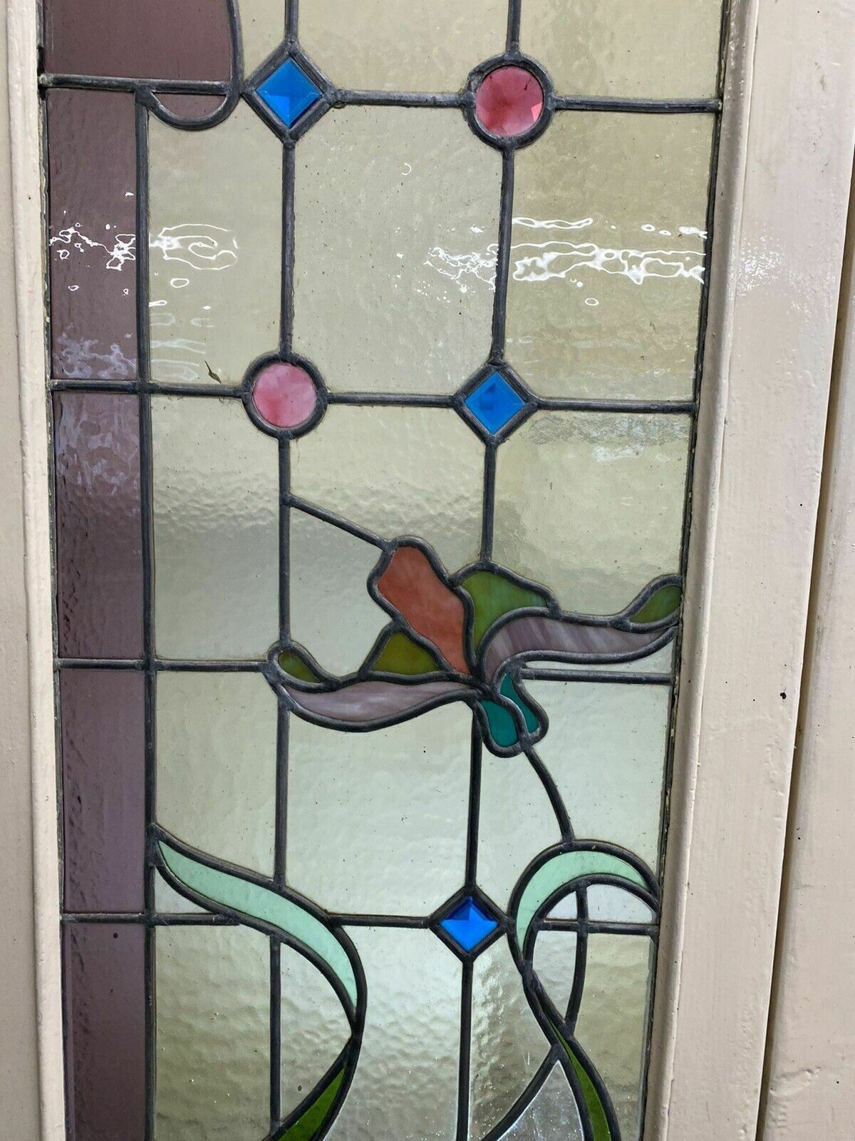 Pair Large Art Nouveau Stained Glass Windows Antique Period Lead Old Reclaimed photo for sale