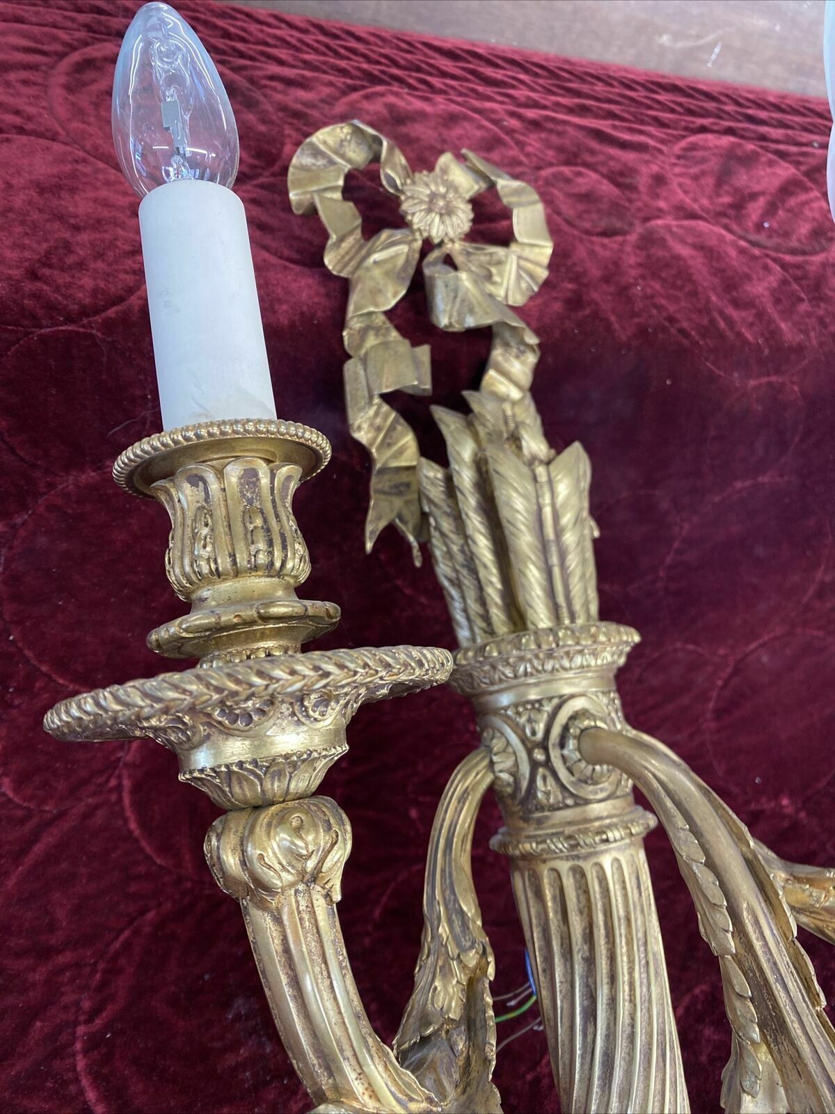 Lighting Pair Large Antique Gold Gilt Brass Wall Sconces Lights Louis XV 19th Century photo