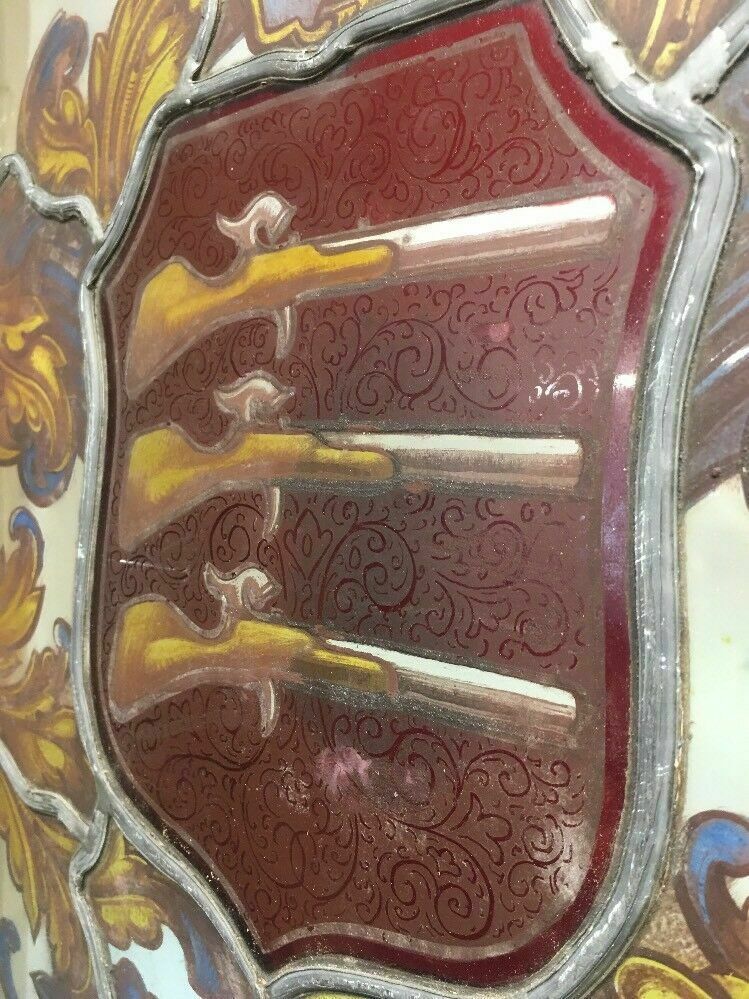 Unique Stained Glass Hand Painted Window Panel Old Period Antique Musketeers photo vintage