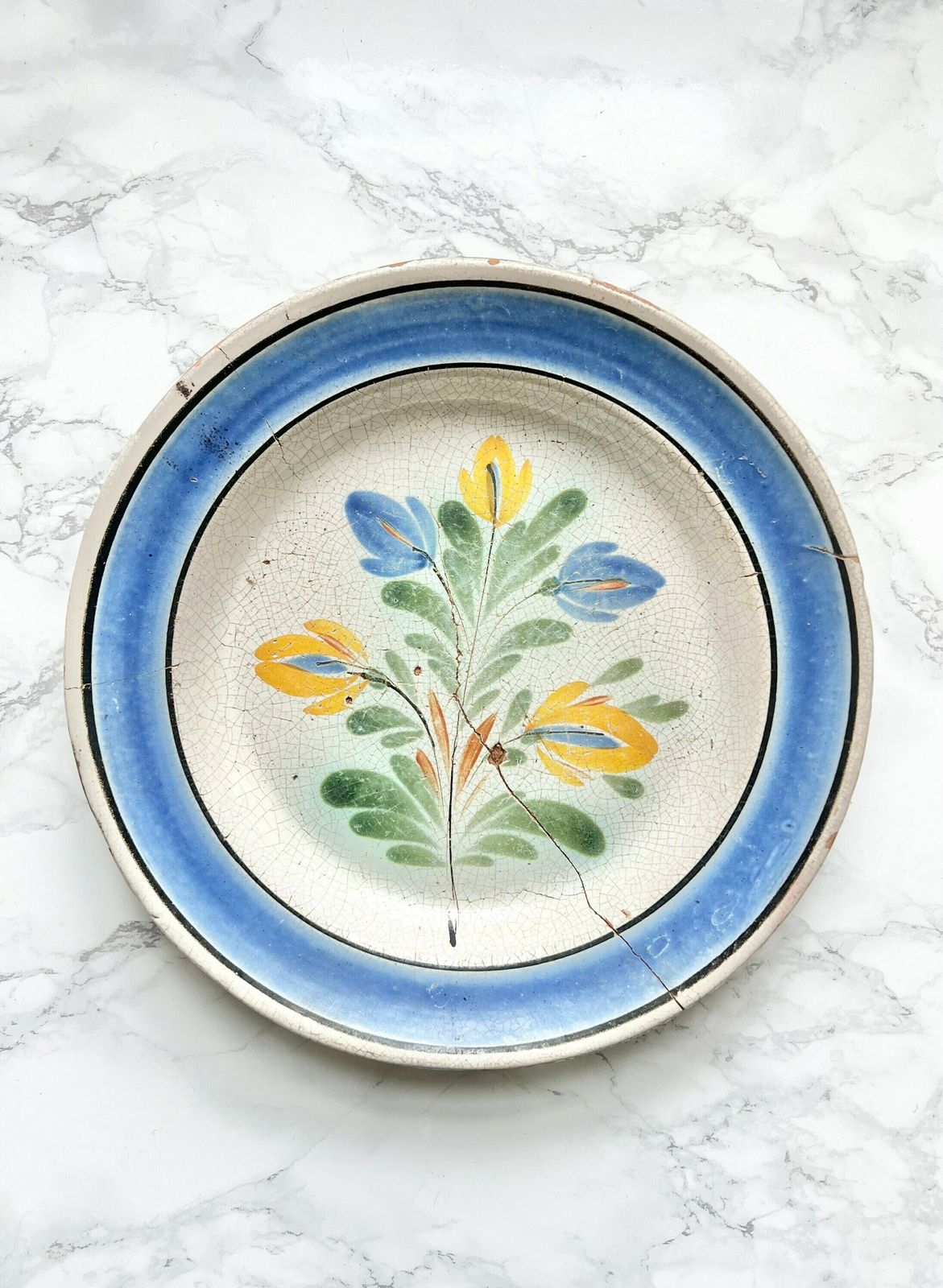 Rare Antique French "Cul Noir" Dish Hand Painted 1700 Blue Yellow Pottery