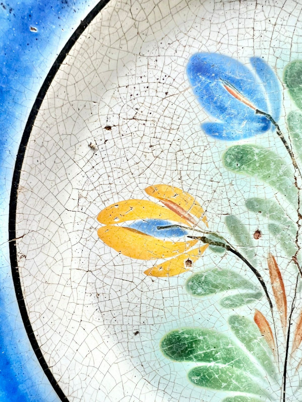 Rare Antique French "Cul Noir" Dish Hand Painted 1700 Blue Yellow Pottery photo furniture