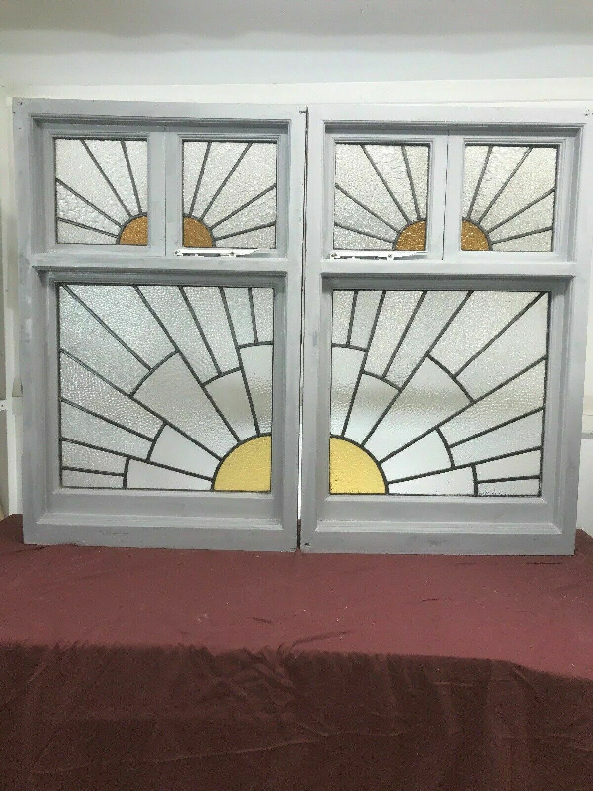 photo furniture Pair Large Art Deco Stained Glass Windows Antique Period Lead Old Reclaimed Wood