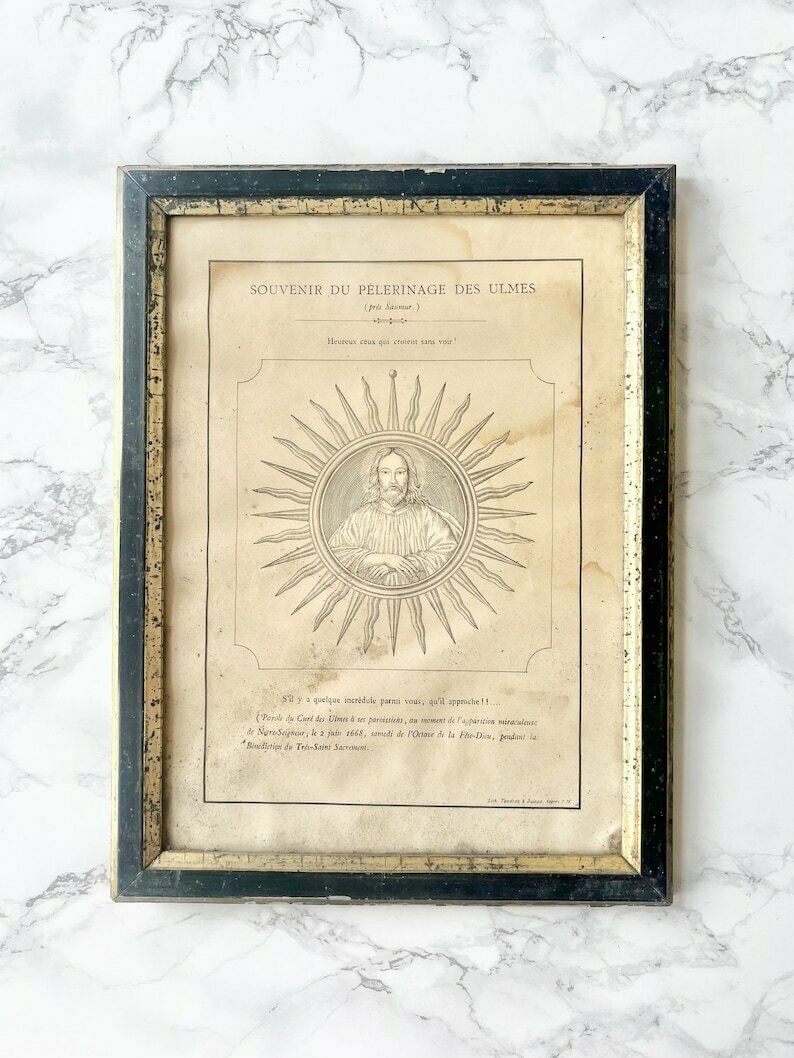 Antique  Rare 1800 Document "Souvenir Of The Ulmes Pilgrimage" (Near Saumur Anjou) Commemorating The Apparition In 1668   In A Napoleon III Frame
