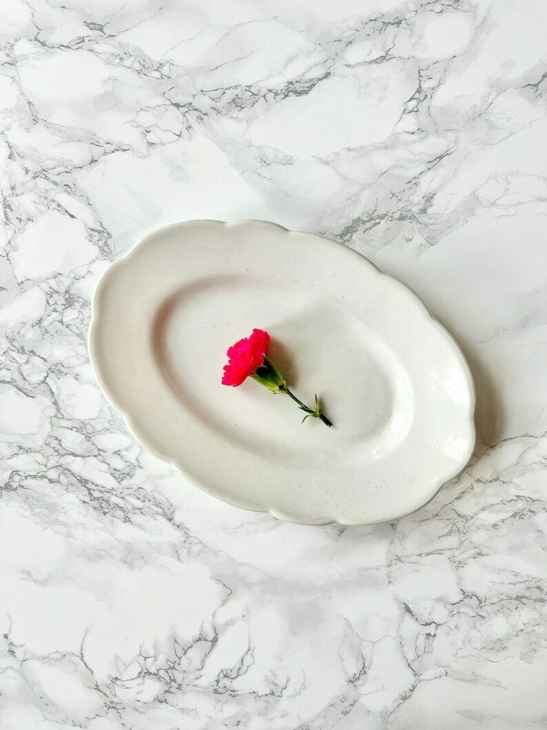 Large Antique French Large Pickle Dish In Thick White Porcelain, Lobed Edges   19th Century