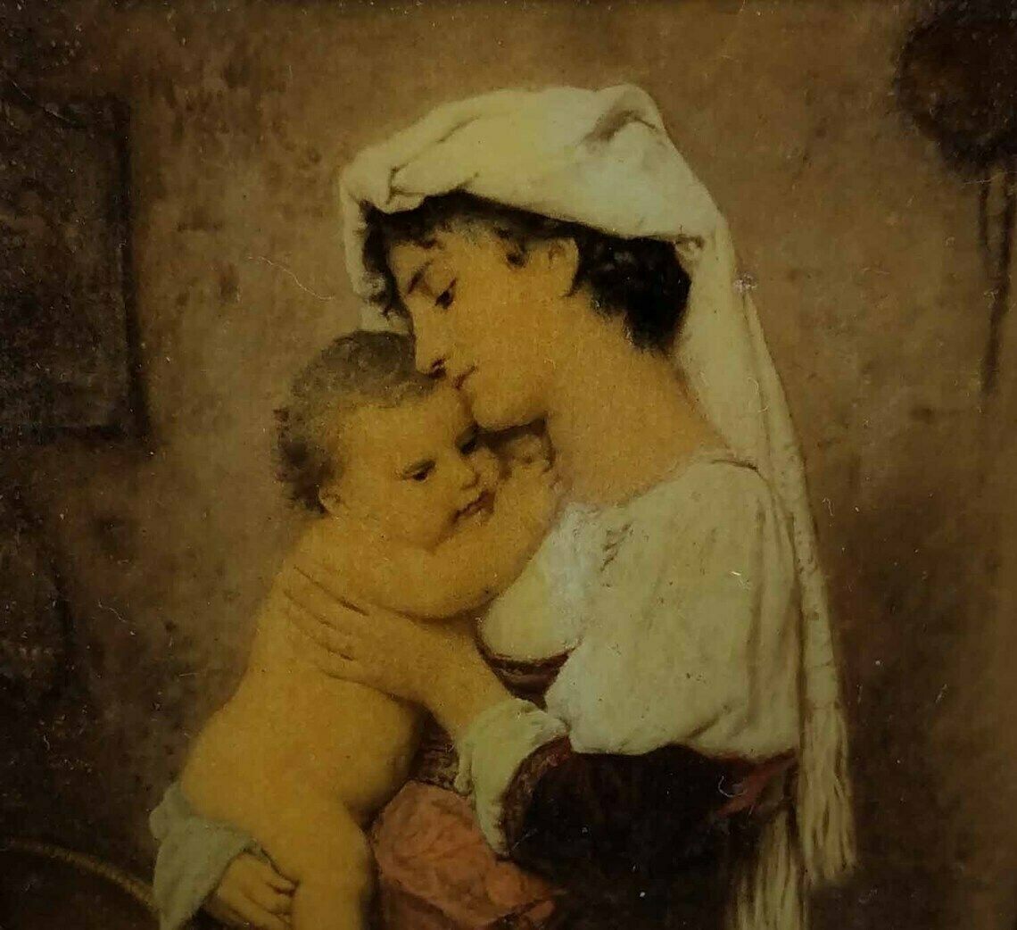 Antique French Painting, Reverse Painted Glass , Reverse Painting On Glass, Antique Wall Hanging, Woman And Child Painting, Framed Painting photo for sale