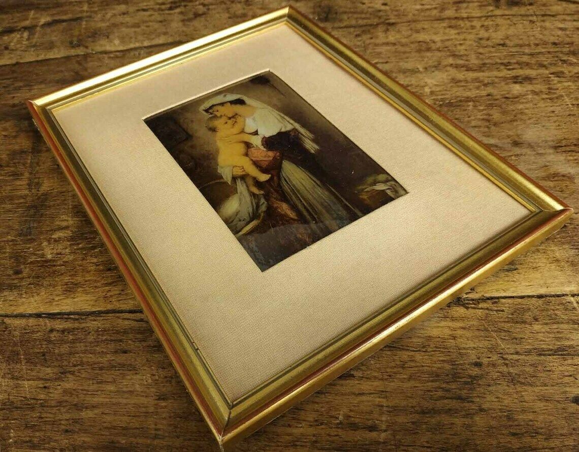 Antique French Painting, Reverse Painted Glass , Reverse Painting On Glass, Antique Wall Hanging, Woman And Child Painting, Framed Painting photo vintage