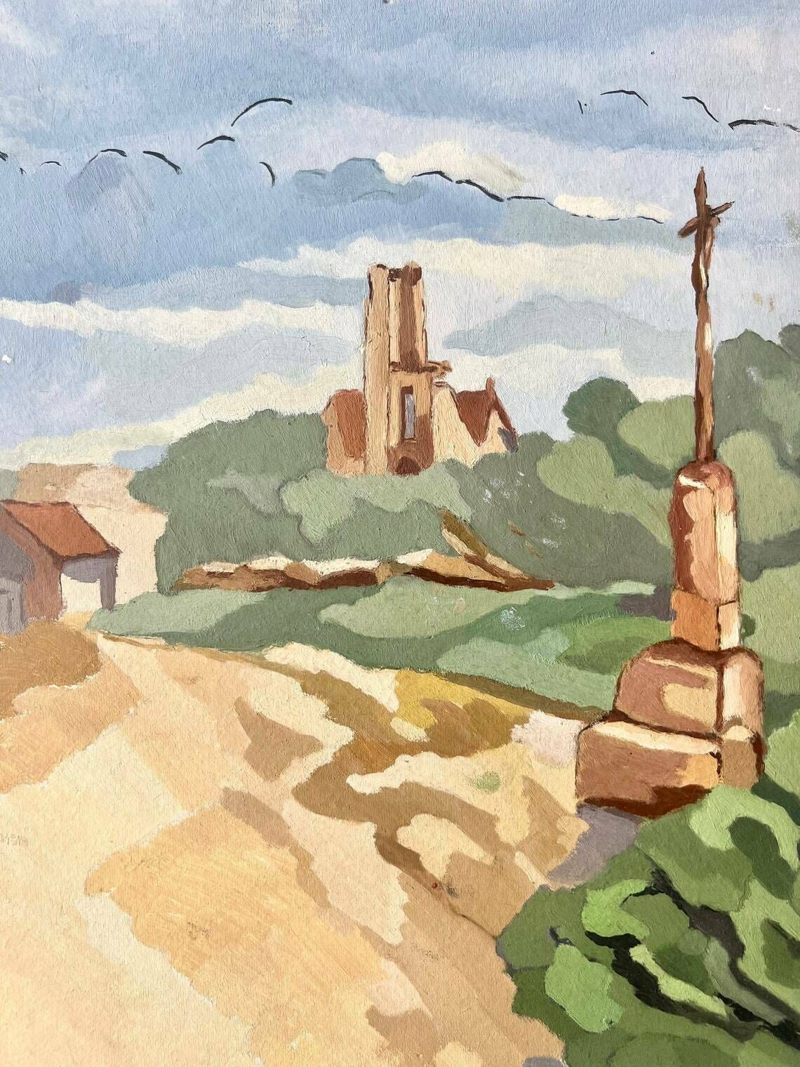 Antique French Art Deco Gouache Painting On Cardboard Representing A Typical Brittany Landscape With Church And Calvary photo Art