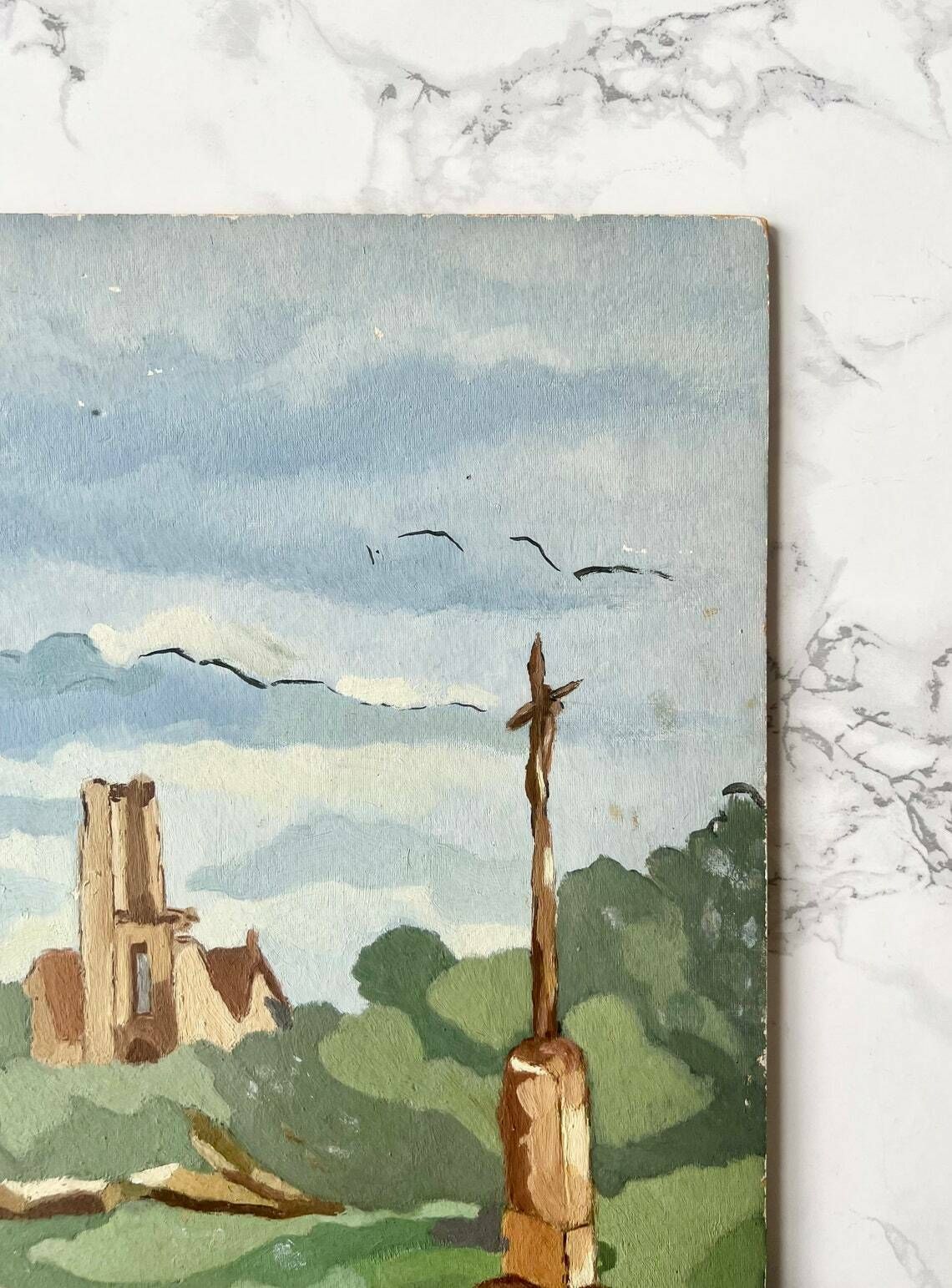 Antique French Art Deco Gouache Painting On Cardboard Representing A Typical Brittany Landscape With Church And Calvary photo 95.0