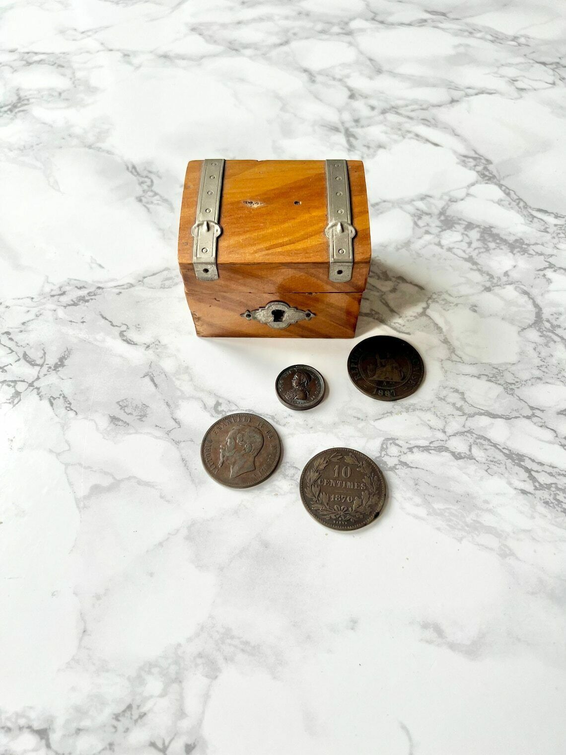 Rare Small Antique French Piggy Bank Box Dating From The 19th Century   Light Wood And Pewter   Napoleon III
