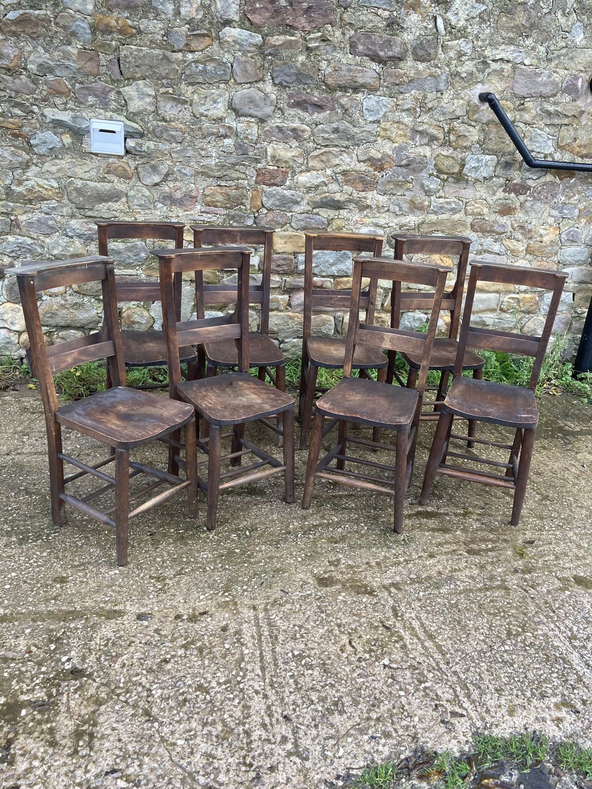 Set Of 8 Beech Chapel Chairs, 1900s, Antique