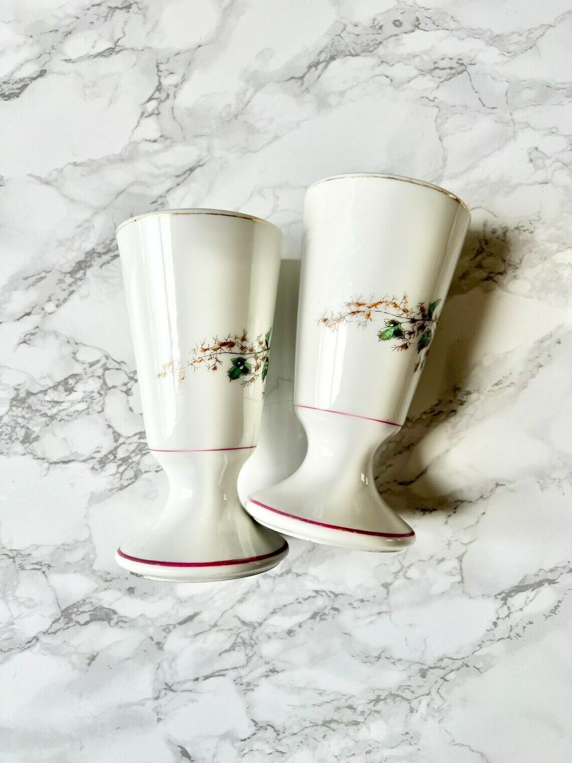 Antique French Mazagran Brûlot Pair In Thick White Porcelain With Hand Painted Flowers photo furniture
