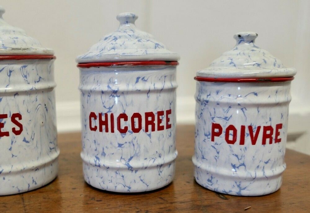 Lovely Set Of French Enamel Food Canisters photo for sale