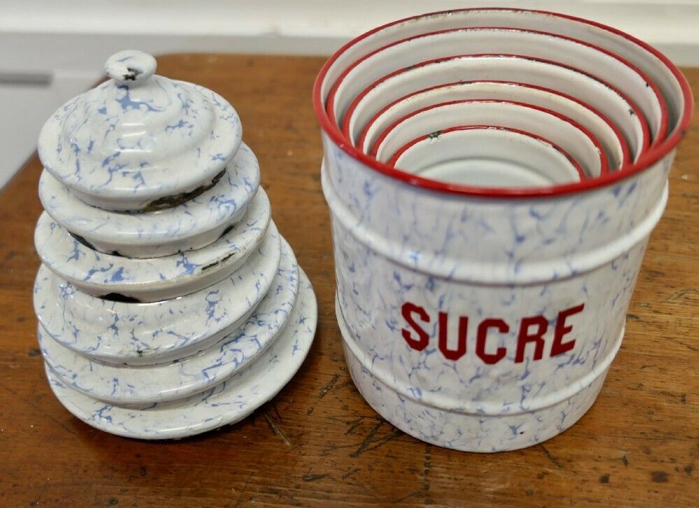 Lovely Set Of French Enamel Food Canisters photo vintage