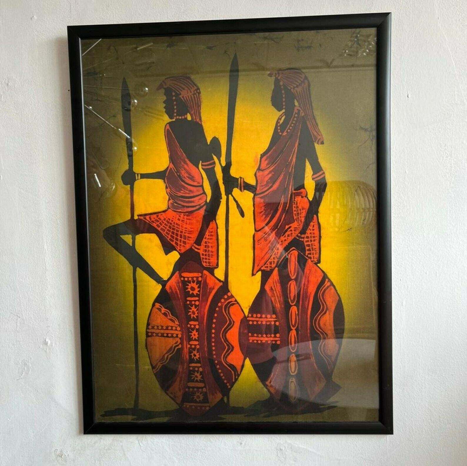 Framed African Batik Scene Of 2 Warriors Wall Art photo furniture