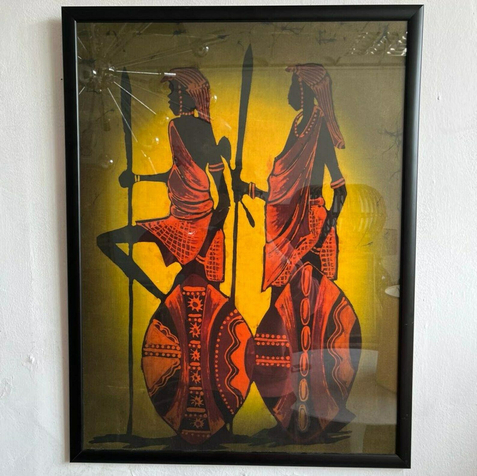 Framed African Batik Scene Of 2 Warriors Wall Art photo Art