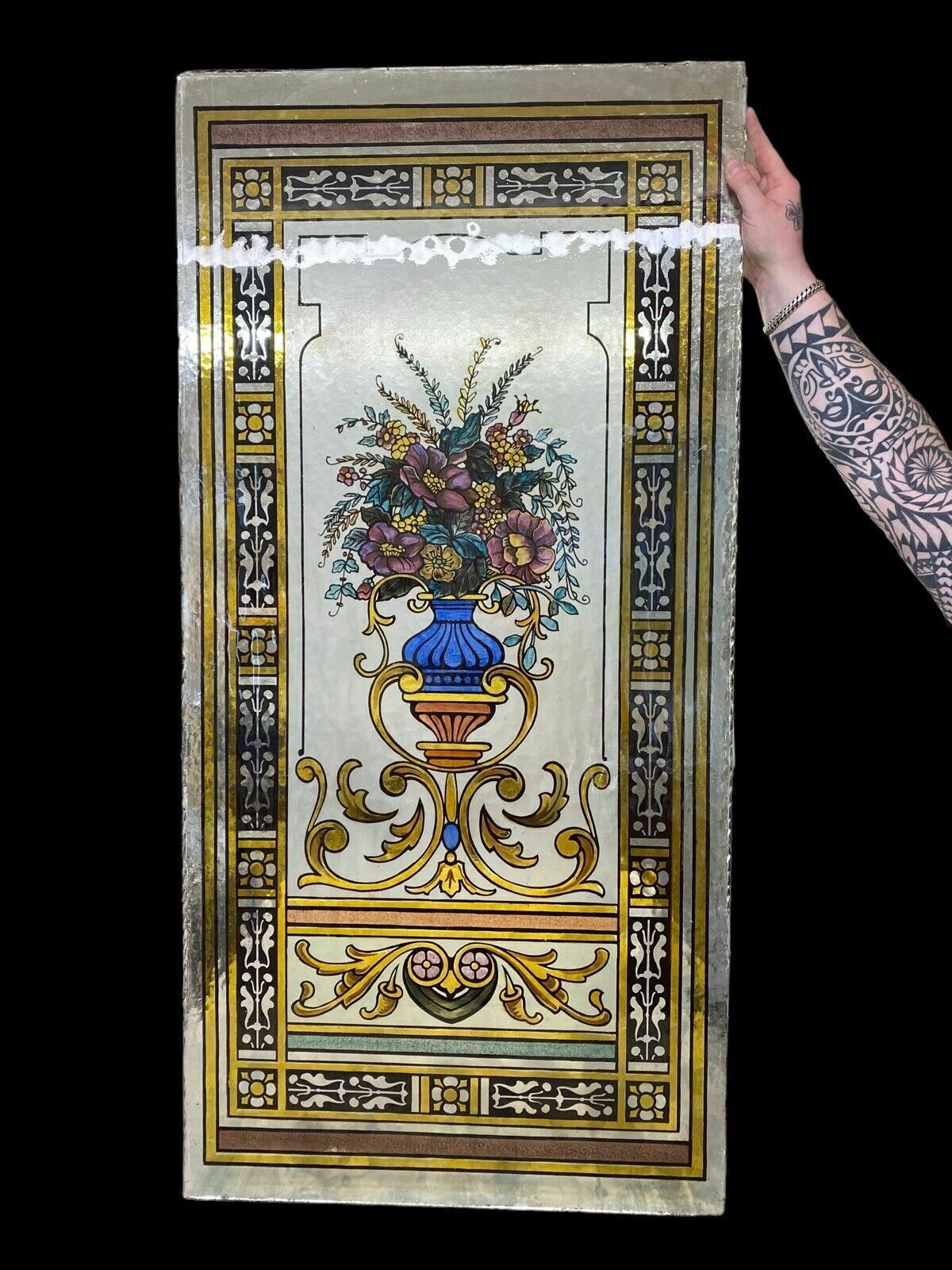 Exquisite Victorian Stained Glass Hand Painted Window Panel Old Period Antique
