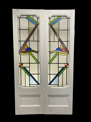 Art Deco Stained Glass French Doors Antique Period Reclaimed Old 20s 30s Leaded