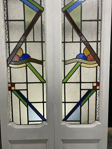 Art Deco Stained Glass French Doors Antique Period Reclaimed Old 20s 30s Leaded photo for sale