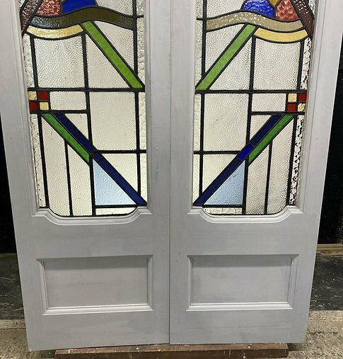 Art Deco Stained Glass French Doors Antique Period Reclaimed Old 20s 30s Leaded photo Home Fixtures