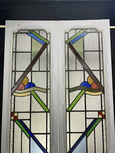 Art Deco Stained Glass French Doors Antique Period Reclaimed Old 20s 30s Leaded photo vintage