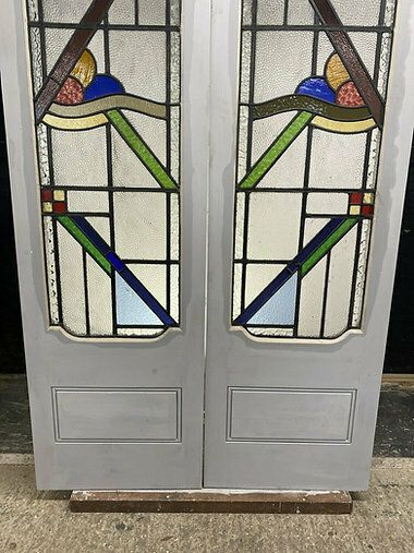 photo for sale Art Deco Stained Glass French Doors Antique Period Reclaimed Old 20s 30s Leaded