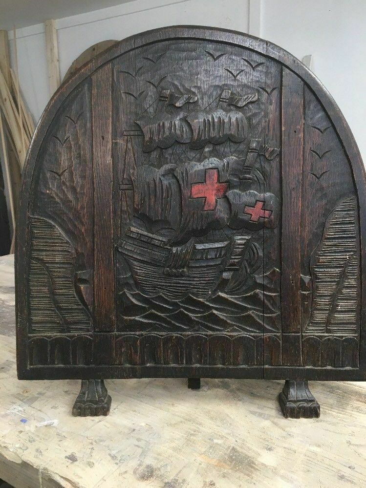 Rare Antique Solid Oak Carved Fire Guard Fire Screen Period 1700s English Navy.