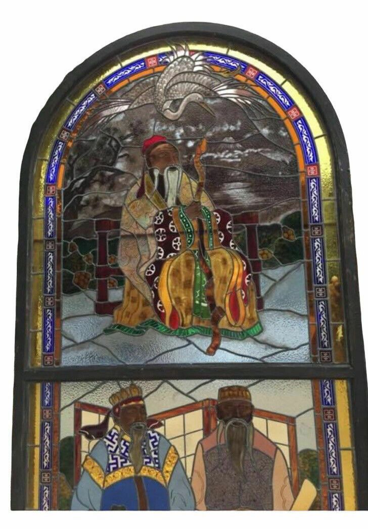 Huge Oriental Hand Painted Stained Glass Window Panel Reclaimed Period Antique photo furniture