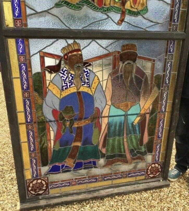 Huge Oriental Hand Painted Stained Glass Window Panel Reclaimed Period Antique photo 10030.0