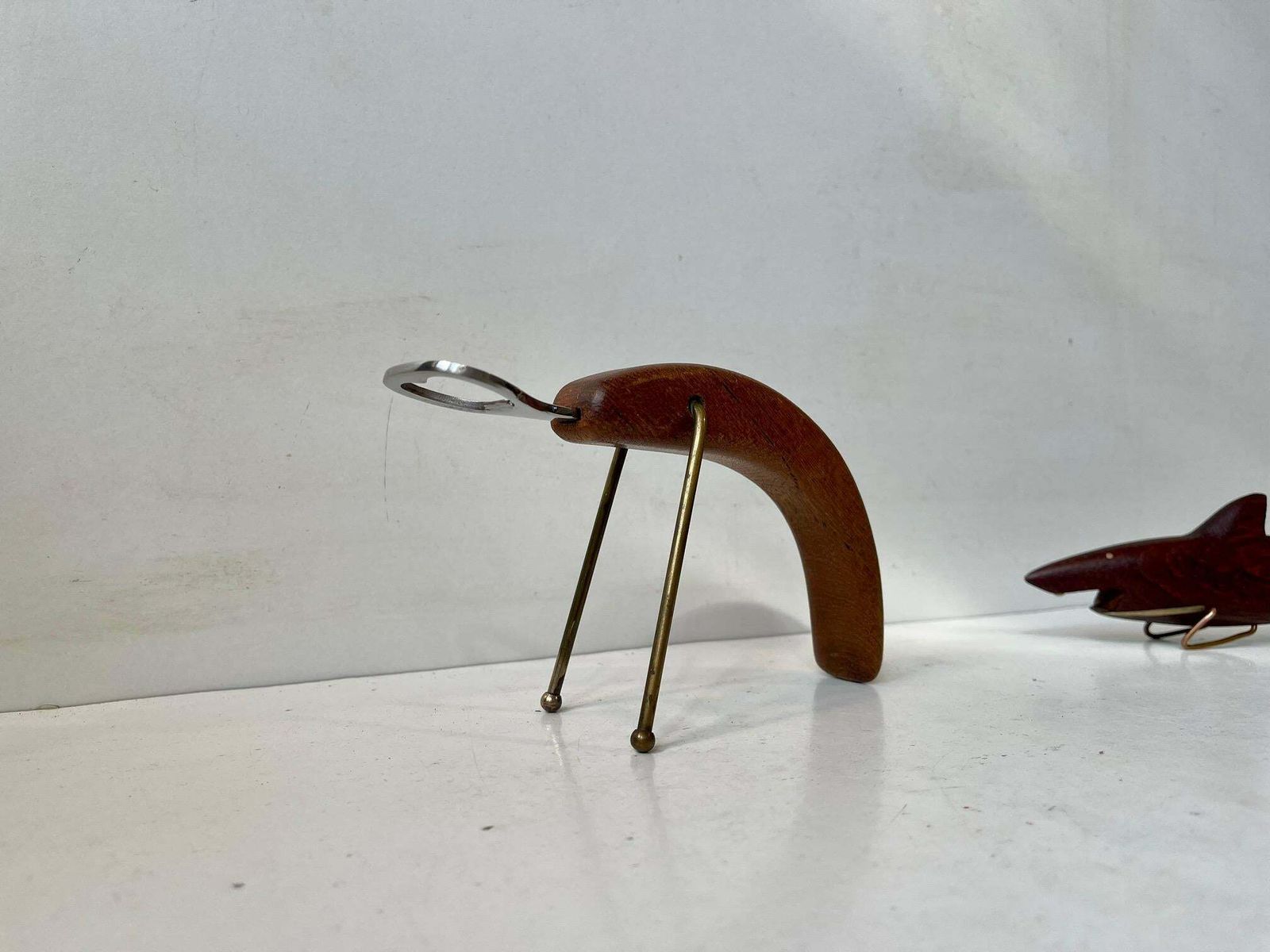 Danish Midcentury Shark & Lobster Figural Bottle Openers In Teak & Brass photo Home Decor