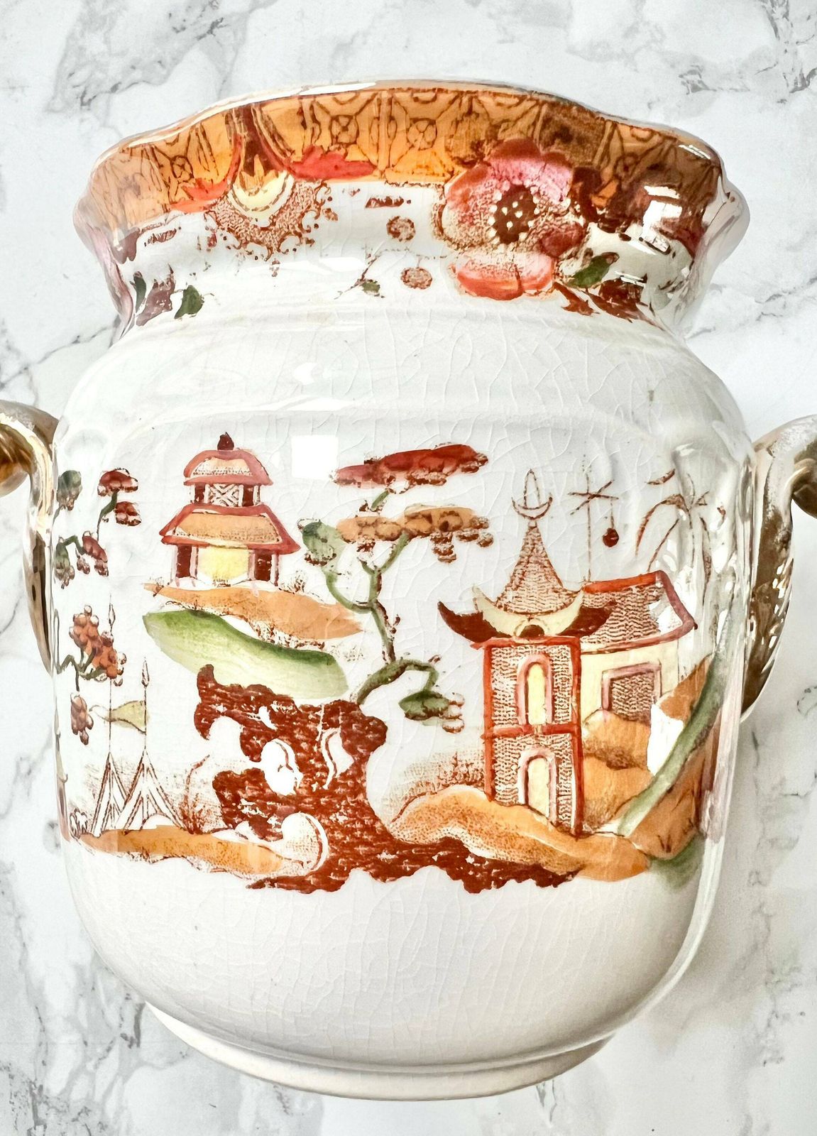 Very Rare Digoin Sarreguemines   Large Antique French Sugar Bowl In White And Gold Transfer Ware Pottery photo Home Decor