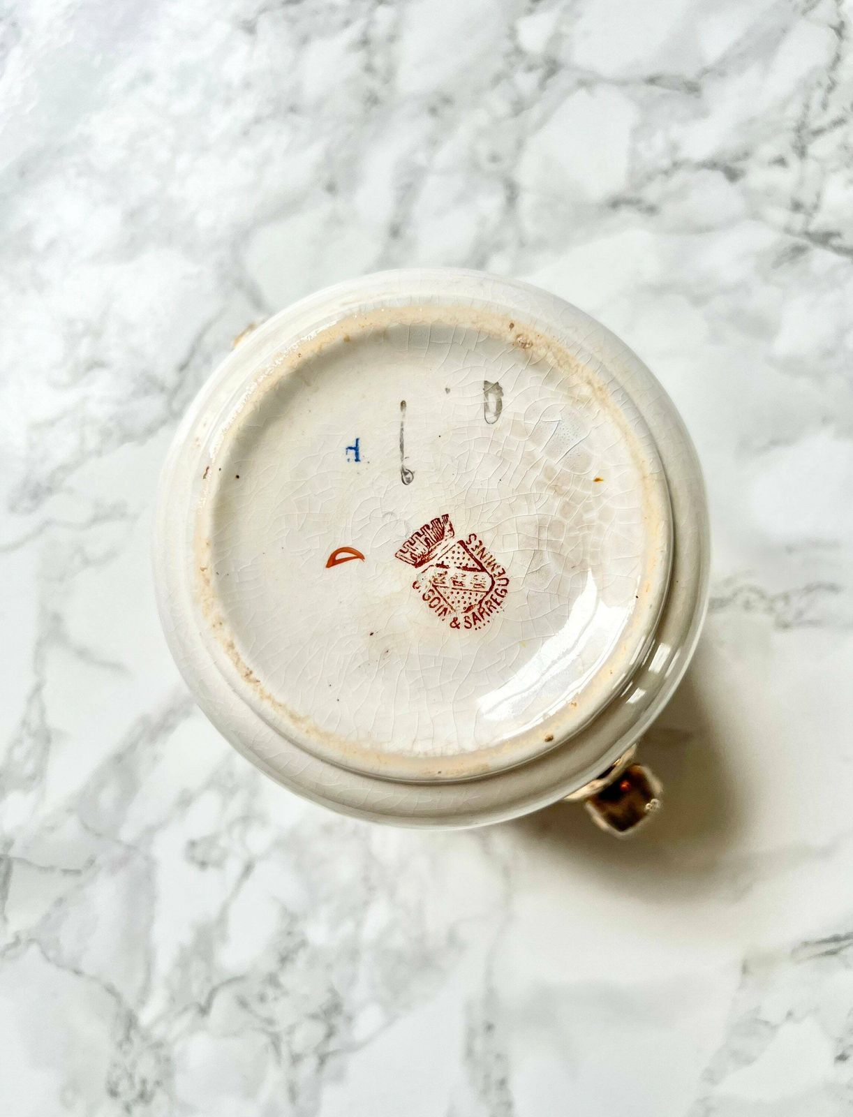 photo furniture Very Rare Digoin Sarreguemines   Large Antique French Sugar Bowl In White And Gold Transfer Ware Pottery