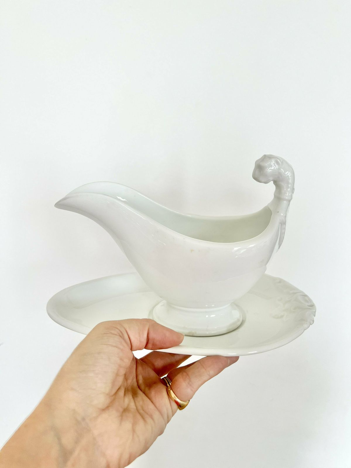 Antique Large Sauce Boat And Its White Ironstone Tray With Raised Molded Decoration photo Home Decor
