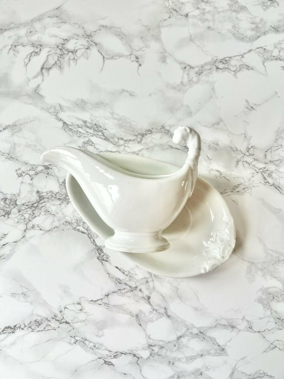 Antique Large Sauce Boat And Its White Ironstone Tray With Raised Molded Decoration photo 73.0