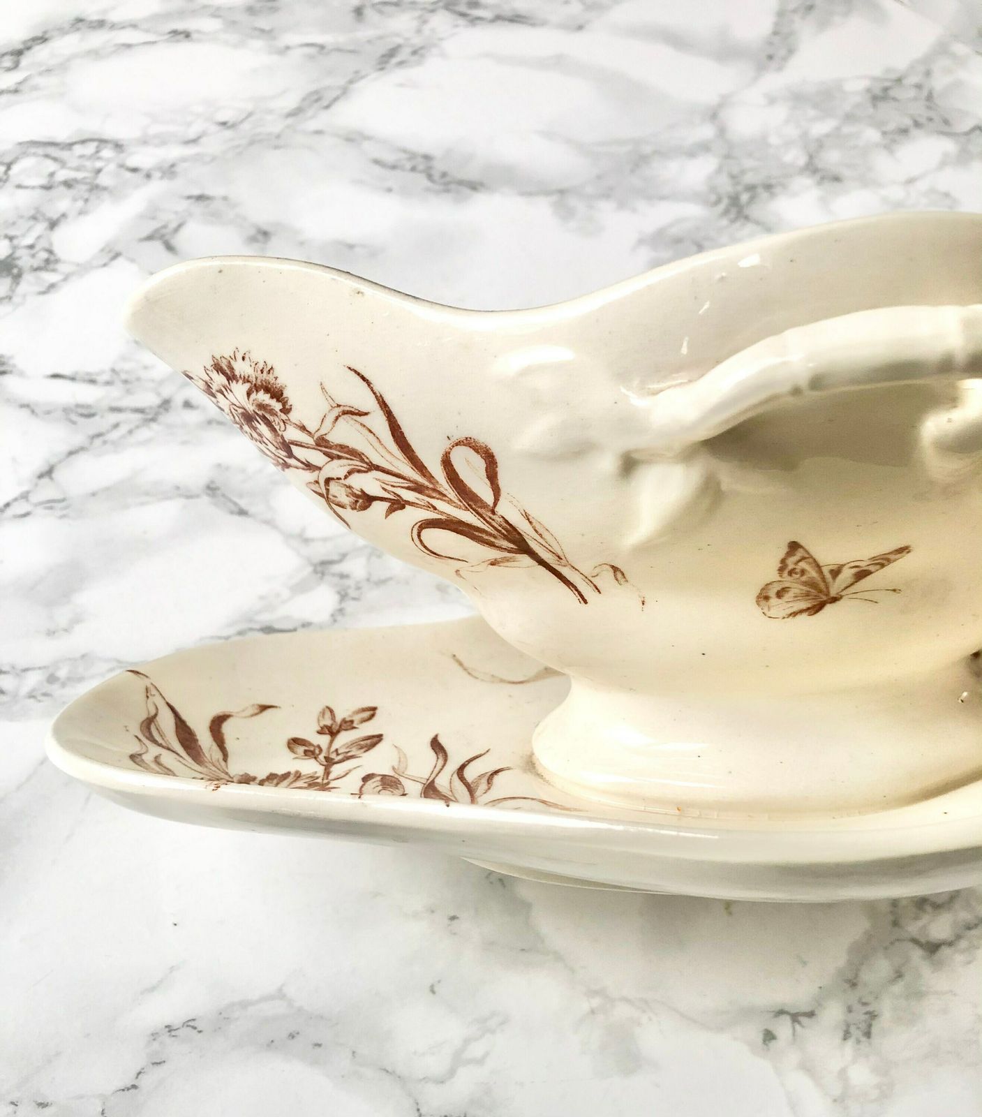 Manufacture Française De Gien   Large Gravy Boat With Transfer Decor In Sepia With Eyelets   Eyelet Pattern photo furniture