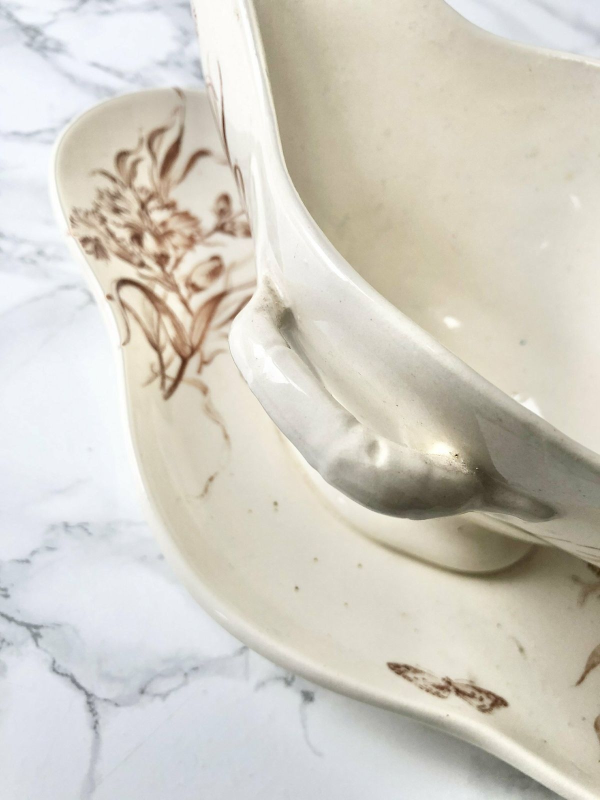 Manufacture Française De Gien   Large Gravy Boat With Transfer Decor In Sepia With Eyelets   Eyelet Pattern photo vinterior