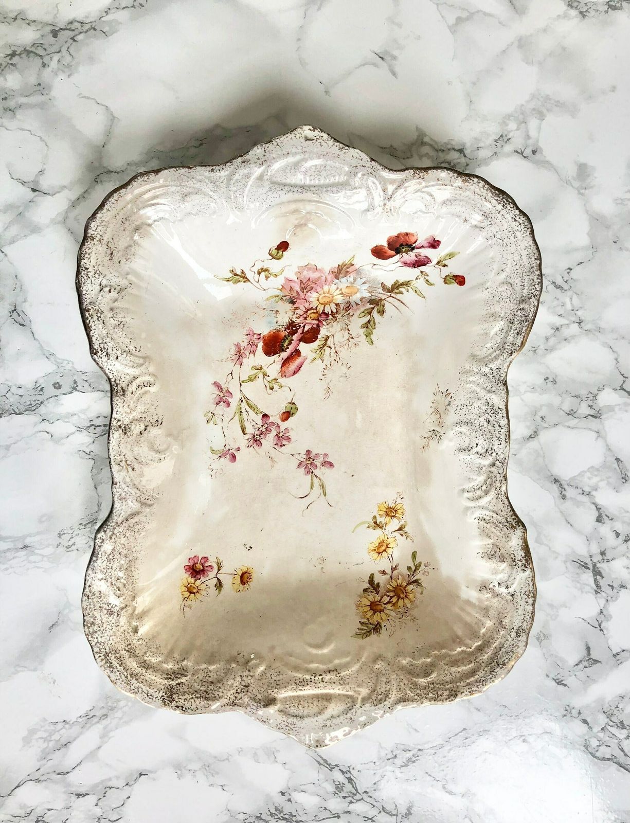Imperial Bonn   Pair Of Antique 1800 Rectangular Molded Porcelain Bowls, Gilded And Hand Painted With Flowers photo buy