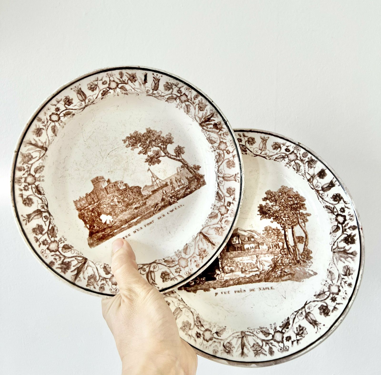Antique French Pottery Plate Pair   Italy Vedute Circa 1830 Collectible French Wall Plates photo buy