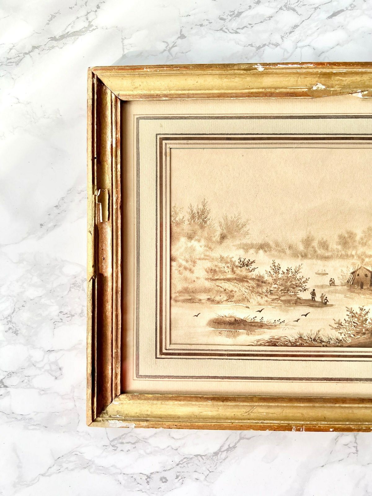 Antique French Painting In Sepia Ink Representing Figures In A Lake Landscape   19th Century   Antiqueframe photo Art