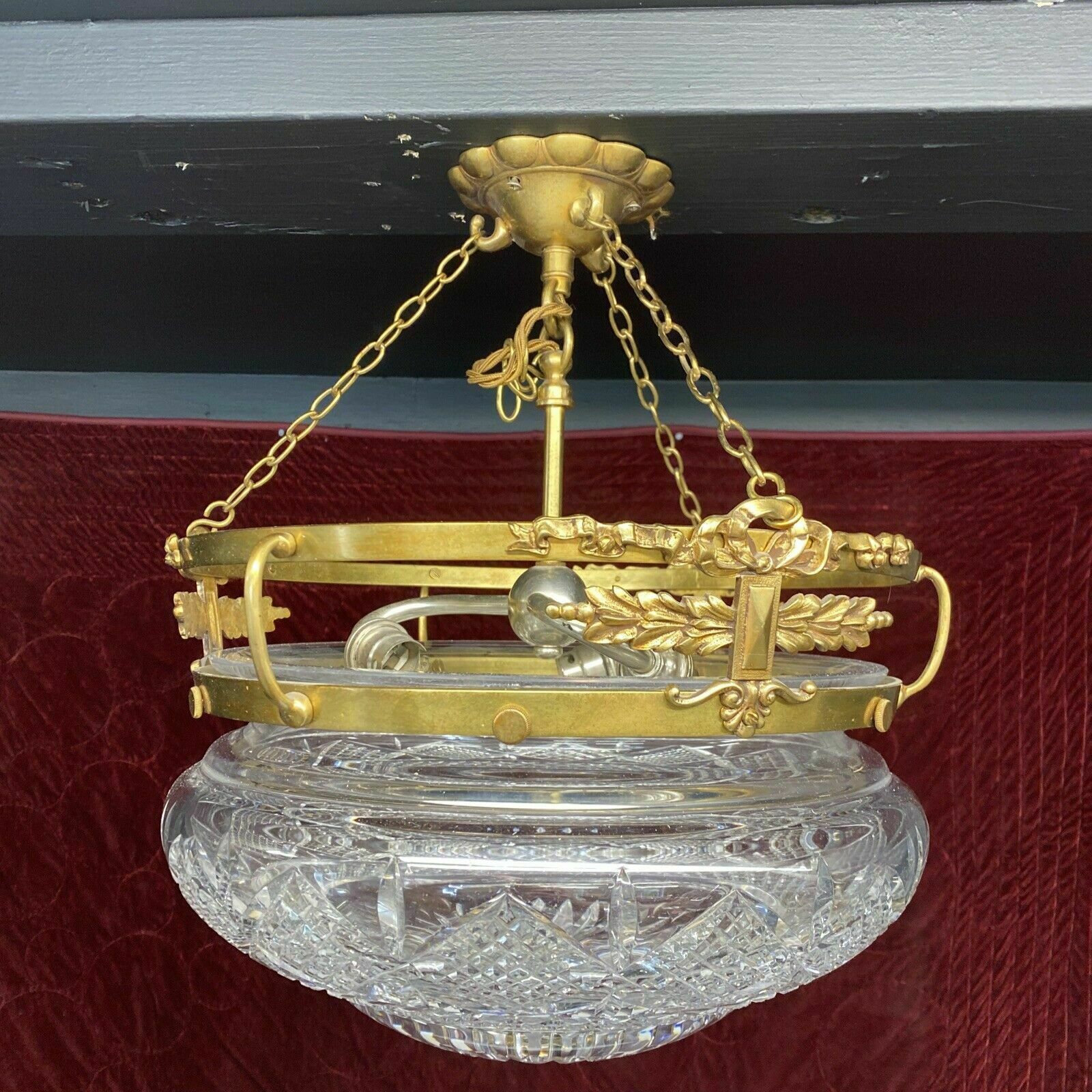 Antique Gilt Brass Cut Lead Crystal Ceiling Bowl Louis XV 19th Century Light photo 3363.0